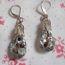 BO Merveilles Cristal montées avec gouttes facettées de couleur Cristal en Verre, bélières tulipes strassées avec dormeuses en Argent 925/1000